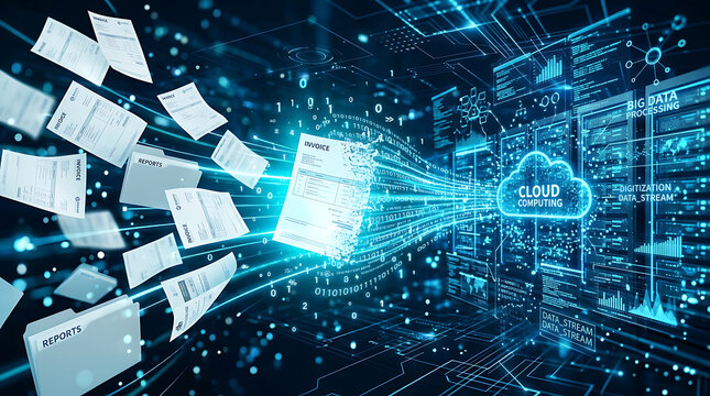 Digital document transformation with glowing data streams and floating paper sheets in cyberspace