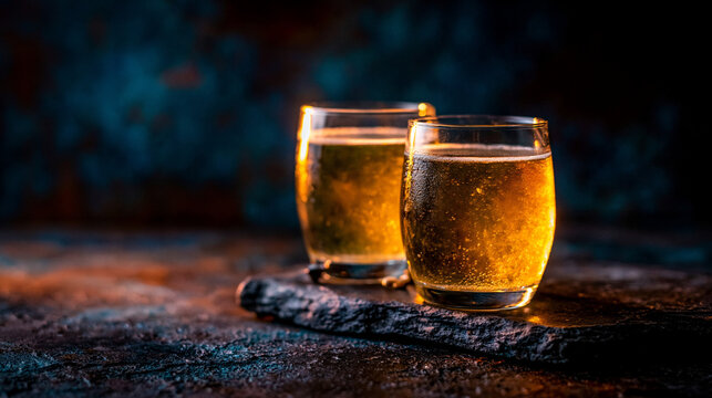 Two refreshing glasses of golden beer on a textured stone surface with moody lighting