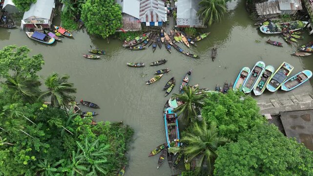 Traditional floating market in banjarmasin from an aerial view