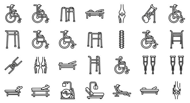 Orthopedic and physical therapy equipment linear icons.