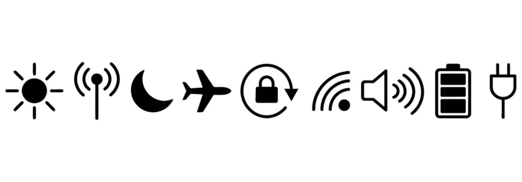 Set of black digital interface icons for mobile devices and modern technology user settings menu.