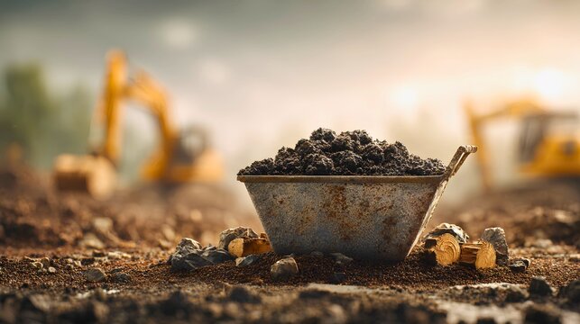 High-resolution construction site scene featuring a steel skip filled with fertile dark soil, realistic clumps of earth, wood fragments and textured organic matter, 