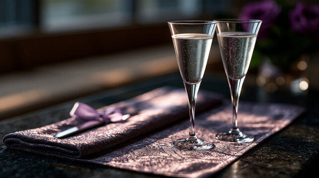 Elegant glasses of sparkling wine on a dark table with a purple napkin for a dinner