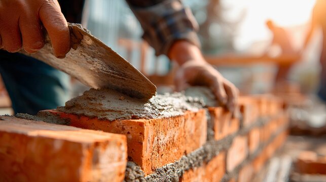 Close-up photorealistic bricklayer applying fresh mortar with a polished steel trowel onto a row of red clay bricks, detailed hands covered with fine construction dust, 
