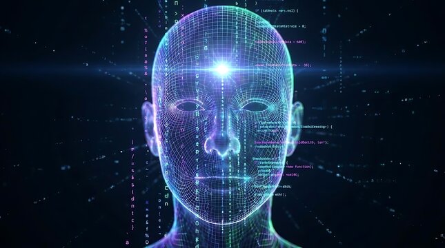 Blue wireframe human head with digital code