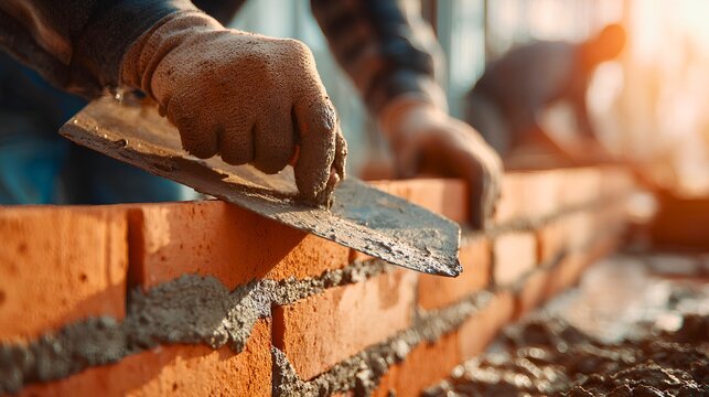 Close-up photorealistic bricklayer applying fresh mortar with a polished steel trowel onto a row of red clay bricks, detailed hands covered with fine construction dust, 