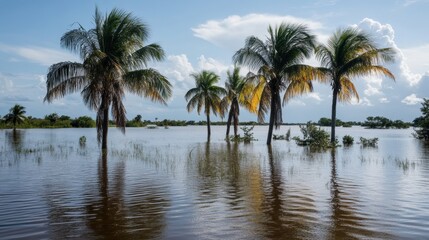 Fototapeta premium Palm Trees Partially Submerged in Floodwaters Under Cloudy Sky