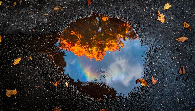 Colorful Reflection Rainkissed Urban Puddle
