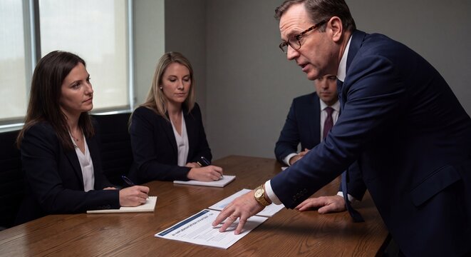 Senior leadership is seriously reviewing and analyzing the AI ​​implementation strategy document with the team during a management meeting in a professional conference room