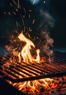 Hot burning fire with glowing embers and flying sparks under a barbecue grill grate for outdoor cooking and summer parties.