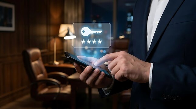 Businessman using smartphone with digital security icon