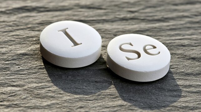 Two white tablets with I Se letters on grey stone