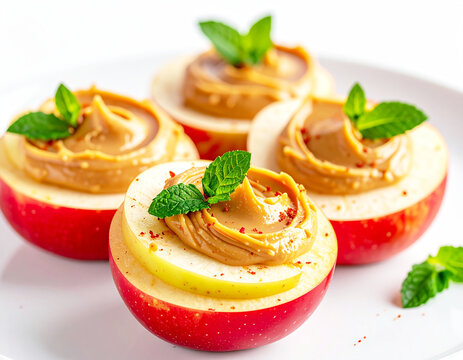 Cut apple with creamy peanut butter for a healthy snack. AI