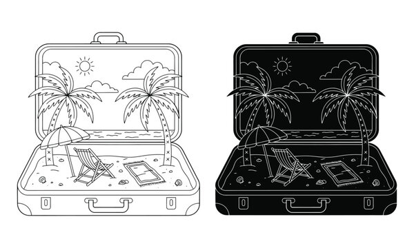 Open suitcase filled with a tropical beach scene in line and silhouette