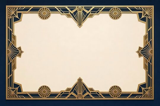 Elegant Art Deco certificate border design with gold filigree geometry on deep navy background. Ultra high resolution luxury vector frame asset.