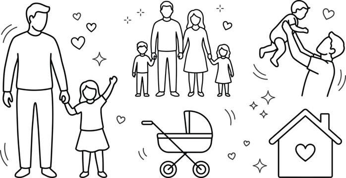 Family line icon vector set showing happy parents children holding hands father playing with baby stroller and home elements