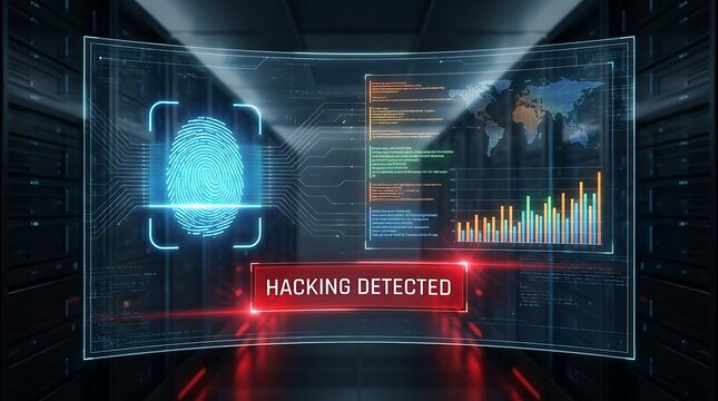 Cybersecurity interface showing hacking detected warning in server room