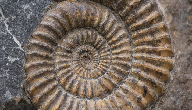 A fossilized ammonite shell embedded in rock showing the intricate spiral pattern and detailed ridges of the ancient marine mollusk creature