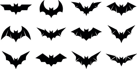 Fototapeta premium Vector black geometric and sharp flying bat silhouette icon set for spooky halloween party logo and decor design