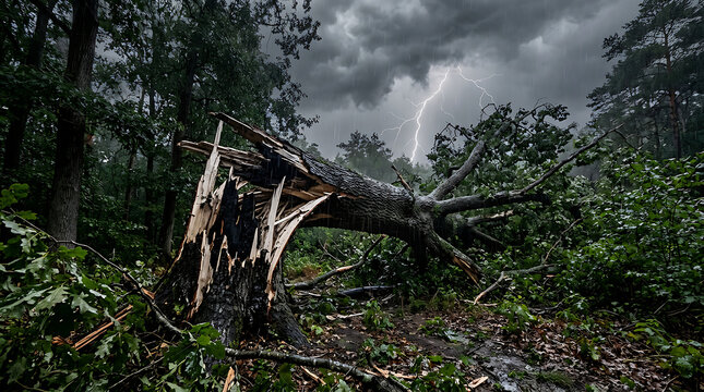 Fallen tree in dense forest after storm.
