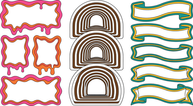 Vector retro 70s groovy frame collection set with melting drip borders tunnel arches and curved ribbon banners