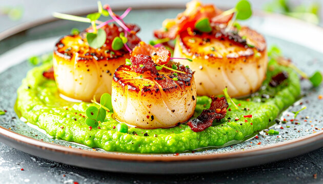 Seared scallops with bacon on a pea puree, gourmet dining. AI