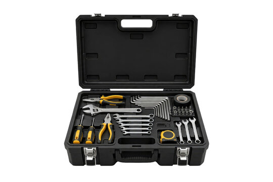 Open black tool kit with wrenches, pliers and screwdrivers