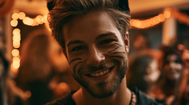 Man in costume smiling at the camera at a Halloween party.