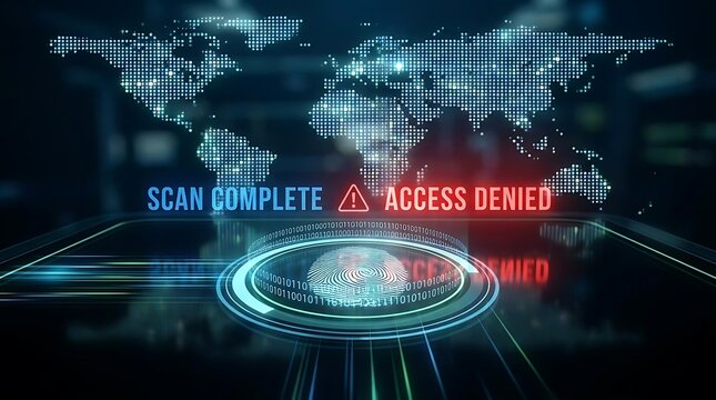 Digital security interface with fingerprint scan and world map