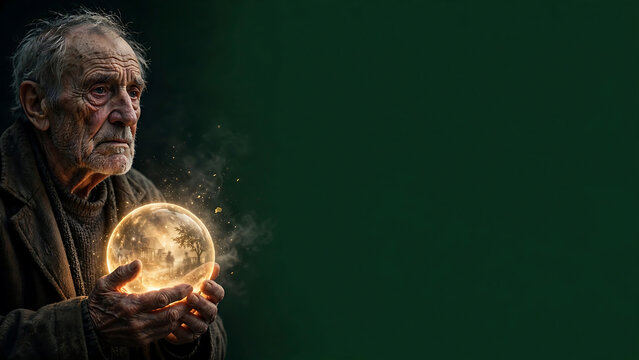 Aged mystic holding a glowing energy sphere on dark green background