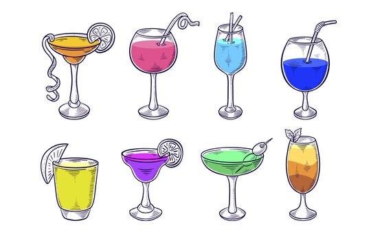 Collection of hand drawn cocktails, vintage drinks illustration for bar menu