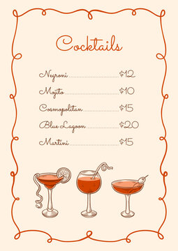 Hand drawn cocktail vintage menu