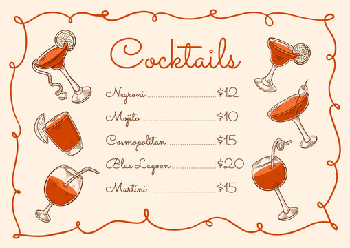 Hand drawn horizontal cocktail vintage menu