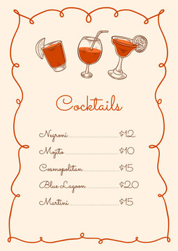 Hand drawn vertical cocktail vintage menu