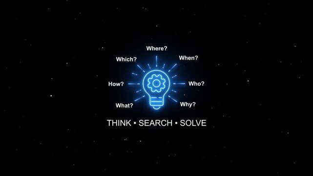 Neon light bulb infographic with gear and problem-solving questions for business strategy and creative thinking concepts