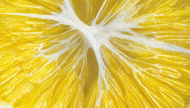 A macro close up view of a juicy yellow orange slice showing the detailed texture of the pulp and the white fibrous segments of the fruit