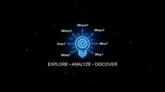 Neon lightbulb infographic animation: explore, analyze, discover concept for business strategy and problem solving