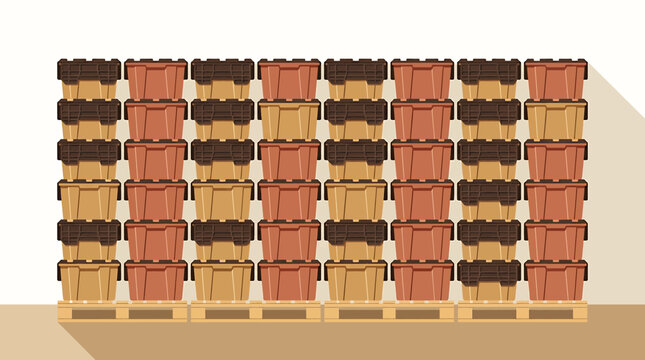 Storage Bins Stacked on Wooden Pallet for Warehouse Inventory Management