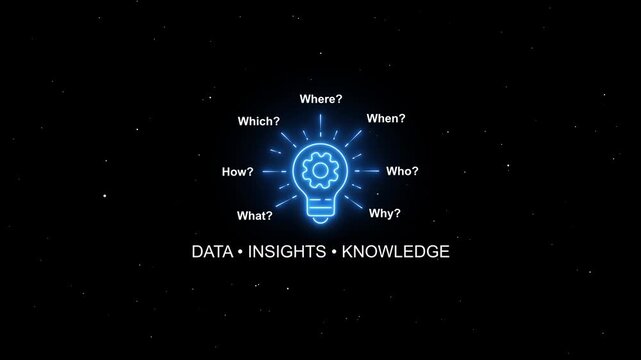 Data insights and knowledge infographic animation with glowing light bulb gear for business strategy and digital innovation