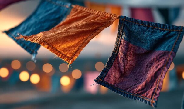 Decorative pennant flags hanging on a string, fluttering gently in the wind. A warm, festive atmosphere with beautiful bokeh lights