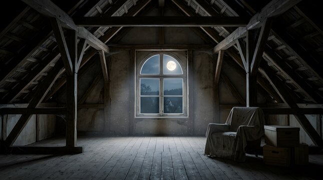 Spooky dark attic interior with moonlight shining through a dusty window perfect for a mysterious halloween horror scene background