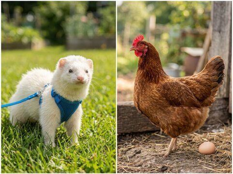 A cute white ferret wearing a harness walking on green grass next to a brown hen standing on the ground with a fresh egg nearby