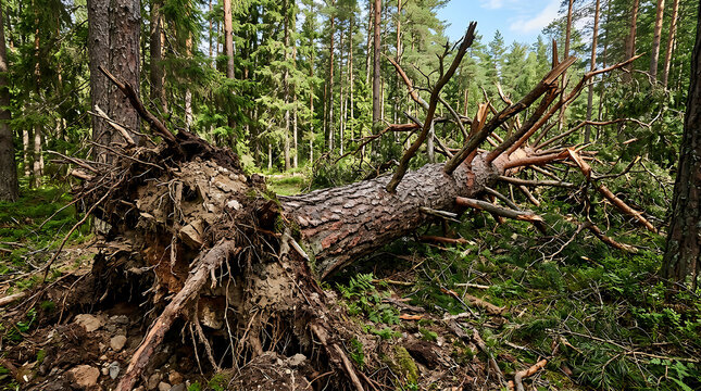 Fallen tree trunk in dense forest landscape 1.