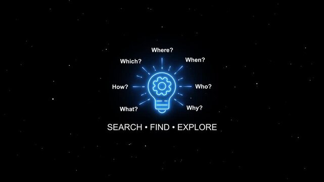 Neon lightbulb gear infographic animation: search, find, explore concept for business innovation and problem solving