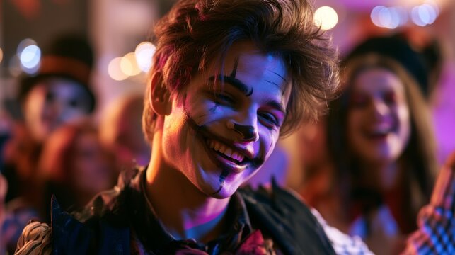 Man in costume smiling at the camera at a Halloween party.