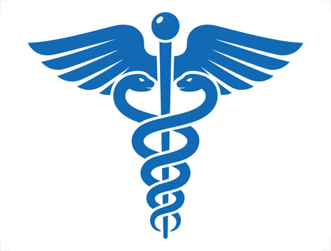 Blue caduceus symbol featuring two snakes wrapped around a winged staff, representing medicine and healthcare on a white background