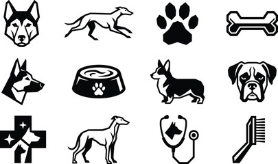 Fototapeta premium Geometric Black Dog Breed Silhouette Icon Vector Set with Veterinary Cross Medical Stethoscope and Pet Care Supply Branding Elements