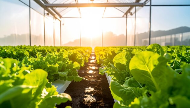 Sunlit Greenhouse with Lush Vegetables and Mountain View