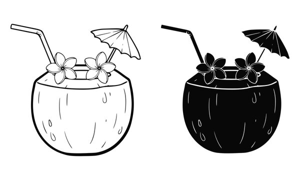 Two stylized coconut drinks with straws and flowers, one outlined and one solid black