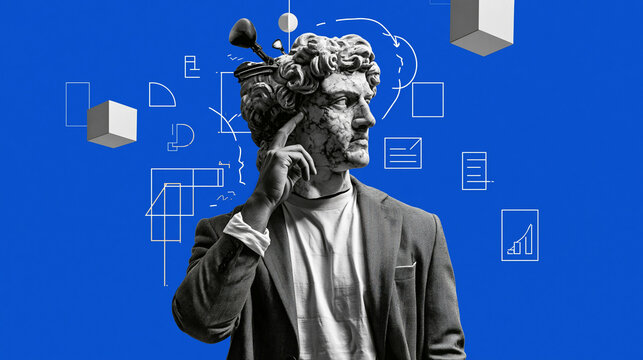 Abstract Collage of Thinking Man with Statue Head and Tech Elements